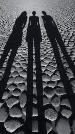 Three friends stand close together, their silhouettes stretching long over a cobblestone path as the sun sets. The scene captures a peaceful moment together, highlighting friendship and connection.の素材