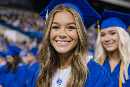 Young graduates in blue caps and gowns smile joyfully at a graduation ceremony held in a large indoor arena. Friends gather to celebrate this important milestone.の素材