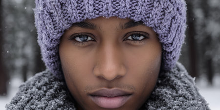 A young person stares directly at the camera, wearing a cozy knitted hat and a thick scarf. Snowflakes gently fall around them in a serene winter forest setting.の素材