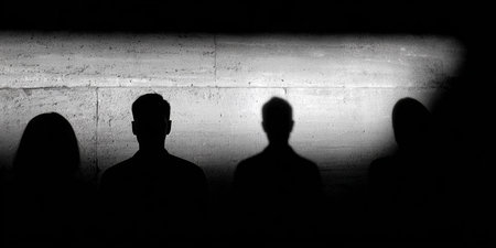 Four silhouettes stand quietly against a brightly lit concrete wall, creating a strong contrast. The scene has a dramatic and artistic feel, focusing on the play of light and shadow.の素材