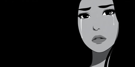 A woman with a sorrowful expression has tears streaming down her face, set against a dark background. Her eyes reflect deep emotions, inviting the viewer to connect with her feelings.の素材