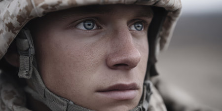 A young soldier looks focused and determined while wearing military gear during a training exercise. The background shows a rugged landscape, emphasizing the seriousness of the moment.の素材