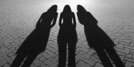 Three people stand closely together, their silhouettes forming distinct shadows on the ground. The bright sunlight creates strong contrasts in this outdoor urban scene.の素材