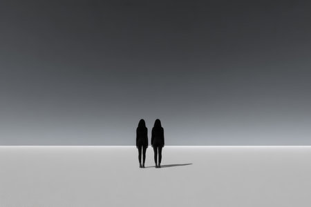 Two figures in dark clothing are walking hand in hand on an expansive, flat surface. The background showcases a smooth gradient from light to dark, creating a peaceful atmosphere.の素材
