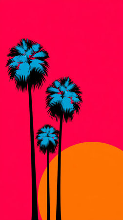 Three tall palm trees stand silhouetted against a striking pink sky at sunset. The vibrant orange sun adds warmth to the colorful scene, creating a tropical atmosphere.の素材