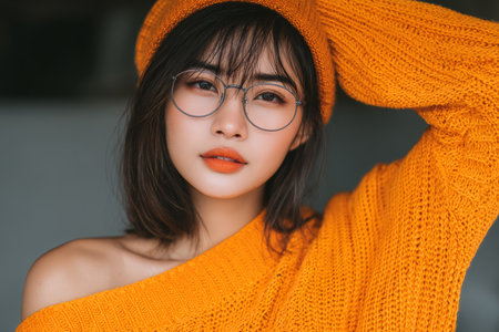 A young woman with glasses showcases a trendy look while wearing an orange sweater and matching beanie. Her confident pose is highlighted by soft lighting in a cozy indoor space.の素材