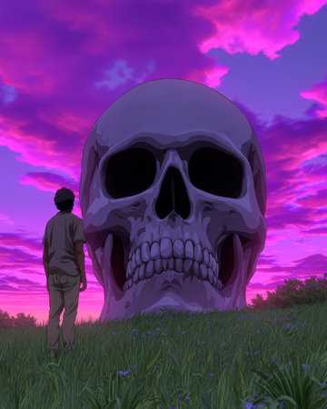 A person stands before a giant skull in a grassy landscape, gazing up at it. The sky is painted with bright pinks and purples during sunset, creating a surreal atmosphere.の素材