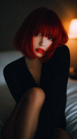 A woman with striking red hair sits on a bed in a softly lit room. She gazes confidently at the viewer, creating an engaging atmosphere.の素材
