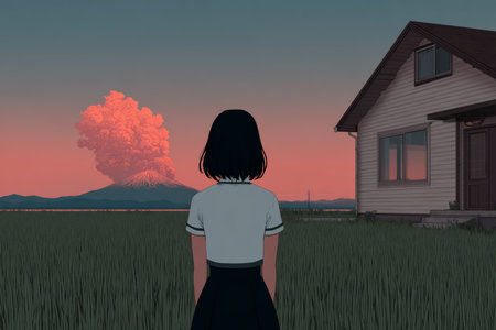 A girl in a black skirt and white shirt gazes at a volcanic eruption as vibrant colors light up the sky at sunset. A simple house stands nearby, surrounded by tall grass.の素材