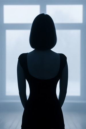 A woman stands quietly facing away from the camera, her silhouette illuminated against a large window. Soft light fills the room, creating a calm, peaceful atmosphere in the early morning.の素材