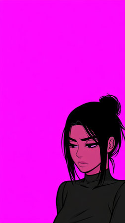 A young woman with long black hair styled in a bun looks pensively into the distance.の素材