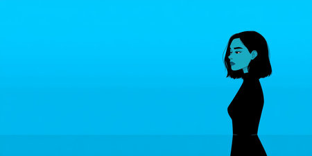 A woman with short hair is shown side-profile against a vibrant blue background. She looks pensive, conveying a sense of calm and introspection in this minimalistic scene.の素材