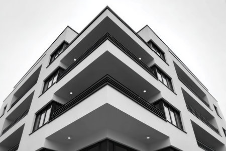 A contemporary apartment building showcases clean lines and geometric patterns. The structure is highlighted by balconies and large windows, set against a gray sky.の素材