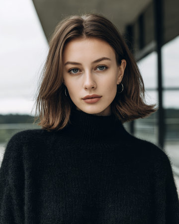 A young woman stands outside near a contemporary building, wearing a stylish black sweater. Her hair is loose and she gazes directly at the camera, showcasing a calm demeanor against the cloudy sky.の素材