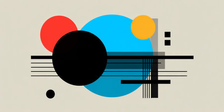 Vibrant shapes and lines combine to create an abstract design. The piece features large circles in red, yellow, and blue alongside black elements, set on a beige background.の素材