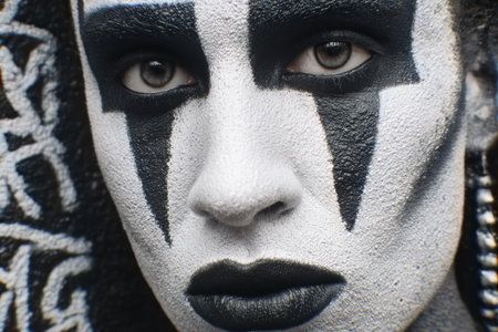 A person with striking black and white face paint presents an intense look during a lively performance event. The attention to detail highlights creativity and artistry.の素材