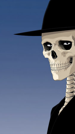 A skeleton character stands upright, wearing a stylish black hat and suit. The scene features a smooth blue background, creating a bold, simple look. This character exudes confidence and intrigue.の素材