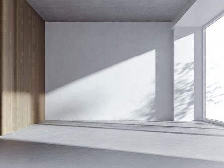 Bright and airy room features clean lines and minimal decoration. Natural light streams through large windows, creating soft shadows on the floor and walls.の素材
