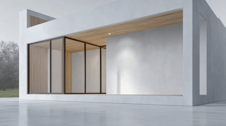 A sleek, minimalist building features expansive glass panels and natural wood accents, set against a tranquil landscape. The modern structure showcases clean lines and an open interior.の素材