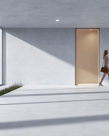 A woman walks gracefully through a modern, minimalist hallway. Soft daylight filters in, illuminating the sleek concrete walls and a wooden door ahead.の素材