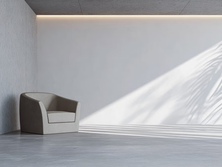 A simple yet elegant chair sits alone in a spacious room. Natural light streams through, casting shadows on the floor and wall, creating a calm atmosphere.の素材