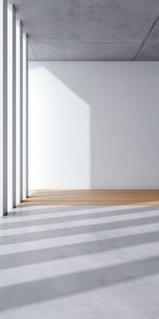 A spacious interior featuring clean lines and a minimalist aesthetic. Soft sunlight filters through the window, creating diagonal shadows across the concrete floor and wooden accents.の素材