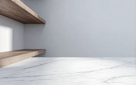 A clean and modern kitchen space features wooden shelves against a light wall, with a sleek marble countertop catching natural sunlight. The design emphasizes simplicity and elegance.の素材