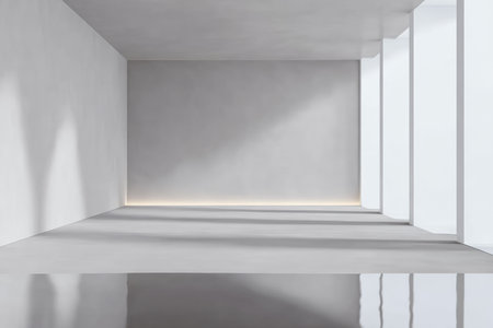 Bright, empty room with smooth concrete walls and floor reflecting light. Shadows play across the space as soft illumination highlights the clean lines and angles at dusk.の素材