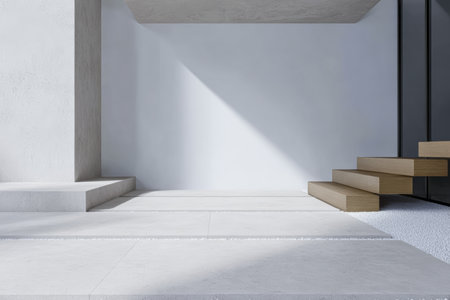This scene showcases a bright, modern space with white walls and a sleek wooden staircase. Natural light enhances the minimalist aesthetic, creating a calm atmosphere.の素材