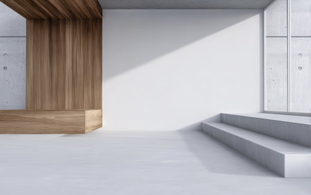 Spacious interior showcases a blend of concrete and wood elements. Sunlight streams in, illuminating the minimalist design and creating a calm atmosphere perfect for relaxation or creative work.の素材