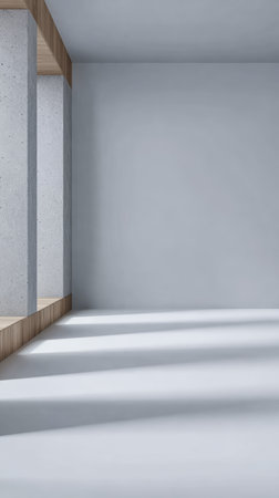 A bright, minimalistic interior space showcases concrete walls and wooden accents. Sunlight streams in, casting shadows on the floor, creating a calm environment ideal for various uses.の素材