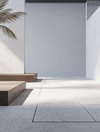 This setting features a sleek architectural layout with clean lines, wooden elements, and a palm tree. Sunlight creates shadows on the concrete floor, enhancing the serene atmosphere.の素材