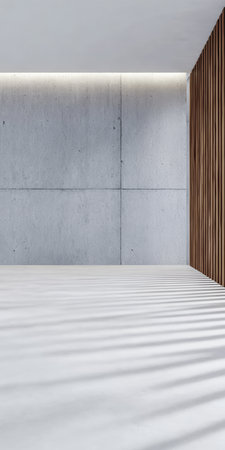 A serene room features a combination of concrete and wooden walls, with soft light creating shadows on the floor. The space emphasizes minimalist design with clean lines and an open feel.の素材