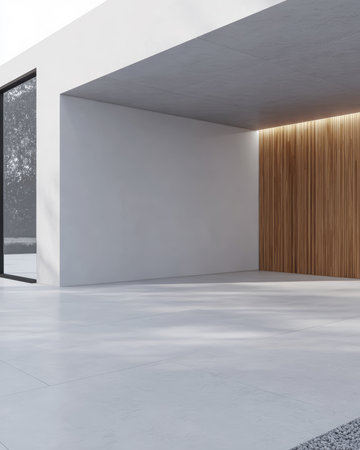 A spacious room features a clean, minimalist design with white walls and sleek flooring. Large windows allow natural light to fill the space, highlighting wooden accents.の素材