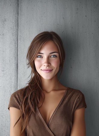 A young woman stands in front of a smooth concrete wall, smiling confidently. Her long hair is casual, and she wears a simple top, creating a relaxed yet stylish atmosphere.の素材