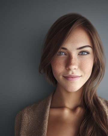 A young woman with brown hair and freckles stands smiling against a gray wall. Her relaxed style and warm expression create a friendly atmosphere, highlighting her natural beauty.の素材