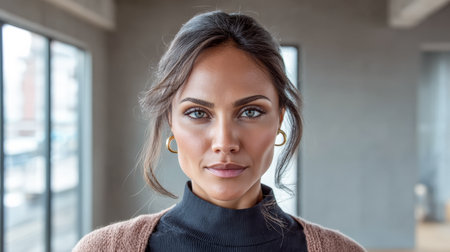 A woman with long dark hair and striking blue eyes stands confidently in a well-lit room. She wears a black turtleneck and a beige cardigan, showcasing a calm, self-assured expression.の素材