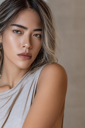 A woman with beautiful long hair gazes confidently at the camera. She wears a casual gray top and stands against a neutral backdrop with soft lighting that highlights her features.の素材