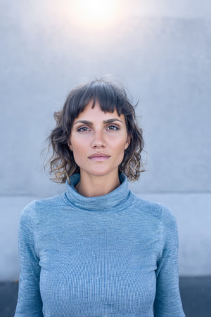 A woman stands confidently against a simple grey wall, illuminated by bright sunlight. Her short curly hair and calm expression convey a sense of elegance and poise.の素材