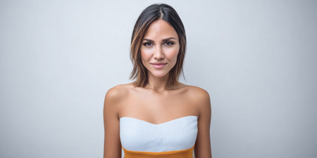 A young woman stands confidently with a subtle smile. She has a modern haircut and wears a stylish outfit. The plain background enhances her striking features.の素材