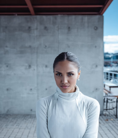 A confident woman stands with crossed arms, dressed in a chic outfit against a minimalist concrete background. The setting features water and boats in the distance, suggesting a vibrant urban vibe.の素材