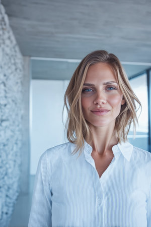 A woman with shoulder-length hair smiles confidently in a bright, airy office space. Sunlight filters through large windows, highlighting her relaxed yet professional demeanor.の素材