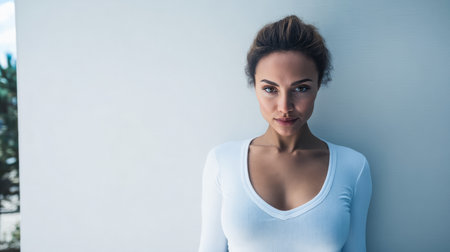 A woman stands elegantly against a white wall, exuding confidence. The bright setting highlights her features and creates a serene atmosphere in the moment captured during the day.の素材