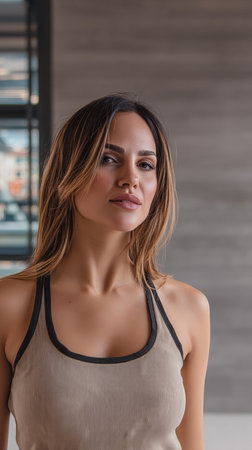 A woman stands confidently in stylish activewear, showcasing a relaxed yet confident expression in a modern indoor setting. Natural light enhances her features.の素材