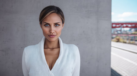 A woman stands confidently in a stylish white sweater, showcasing her striking blue eyes. The clear skies provide a vibrant backdrop, complementing the urban setting.の素材