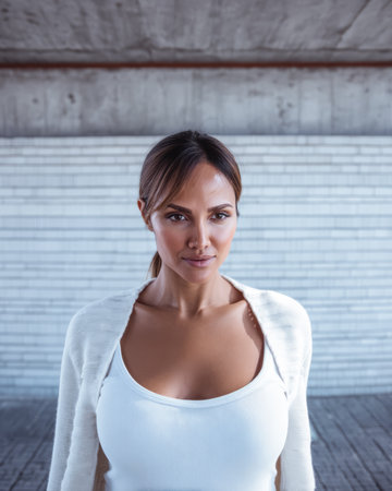 A woman exudes confidence as she stands in front of a textured wall. Natural light brightens the space, highlighting her features and attire.の素材