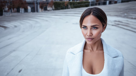 A confident woman stands in a modern urban area, highlighting her striking blue eyes and fashionable attire. The scene captures the beauty and elegance of city life.の素材