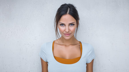 A young woman stands confidently, wearing a light blue top layered over an orange shirt. She gazes directly at the camera, showcasing a natural and self-assured expression in a studio setting.の素材