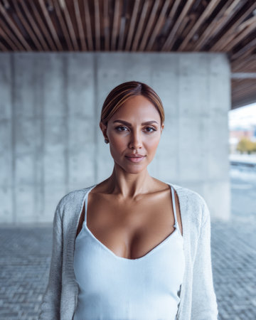 A woman stands confidently in an urban space, showcasing modern architectural elements. She wears a simple outfit and smiles softly, highlighting her grace and poise.の素材