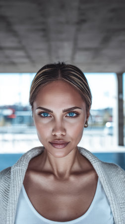 A confident woman stands in an urban location, showcasing her striking blue eyes and poised expression. The natural light highlights her features against a concrete backdrop.の素材
